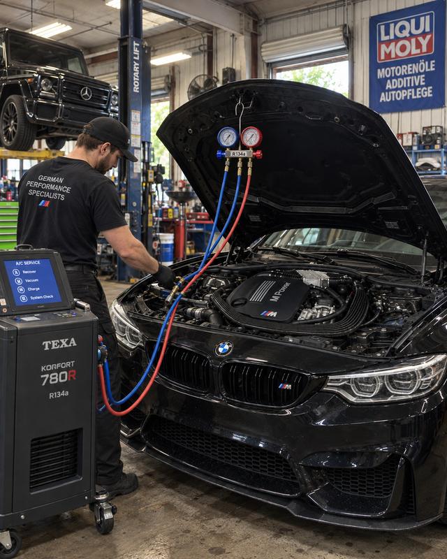 Technician charging the A/C system on a BMW M4 with manifold gauges at German Performance