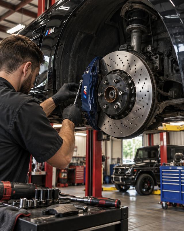 Technician torquing a drilled brake rotor and blue caliper on a lifted BMW at German Performance