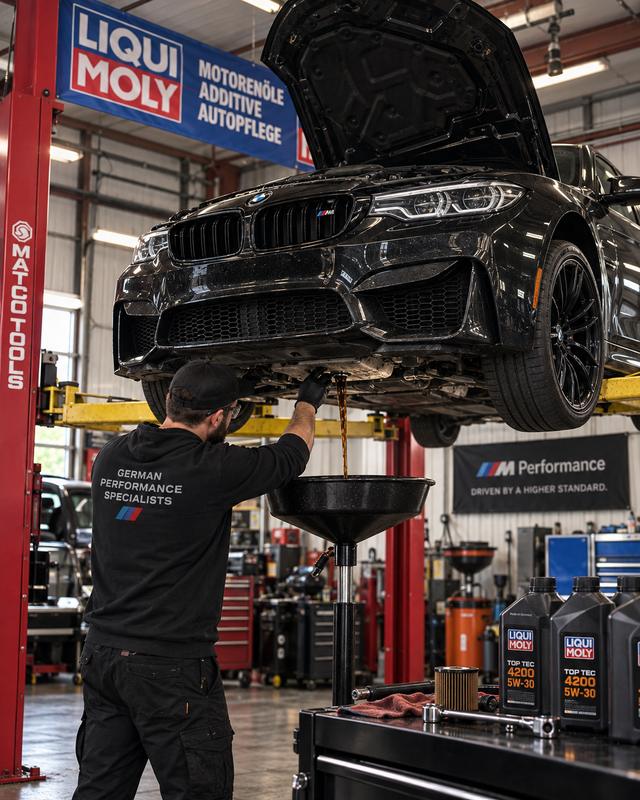 Technician draining oil from a lifted BMW M5 into a funnel at German Performance