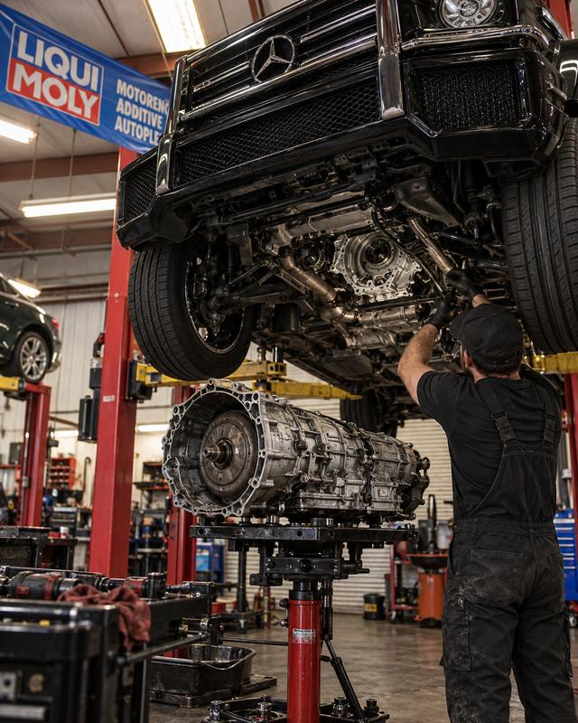 Technician lowering a transmission from a lifted Mercedes G-Class at German Performance