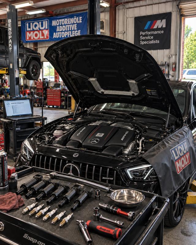 Spark plugs and ignition coils laid out for a Mercedes-AMG tune-up at German Performance