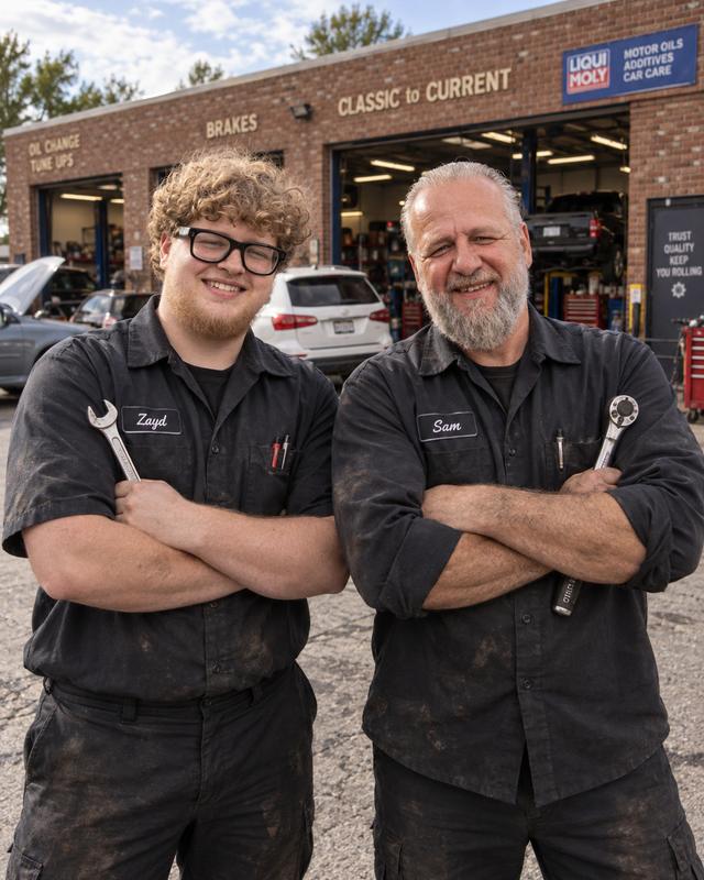Sam and Zayd, wrenches in hand, standing in front of the open service bays at German Performance in Snellville